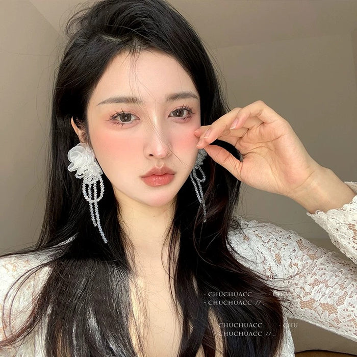 Wholesale Flower crystal tassel earrings, long style, niche temperament, versatile earrings