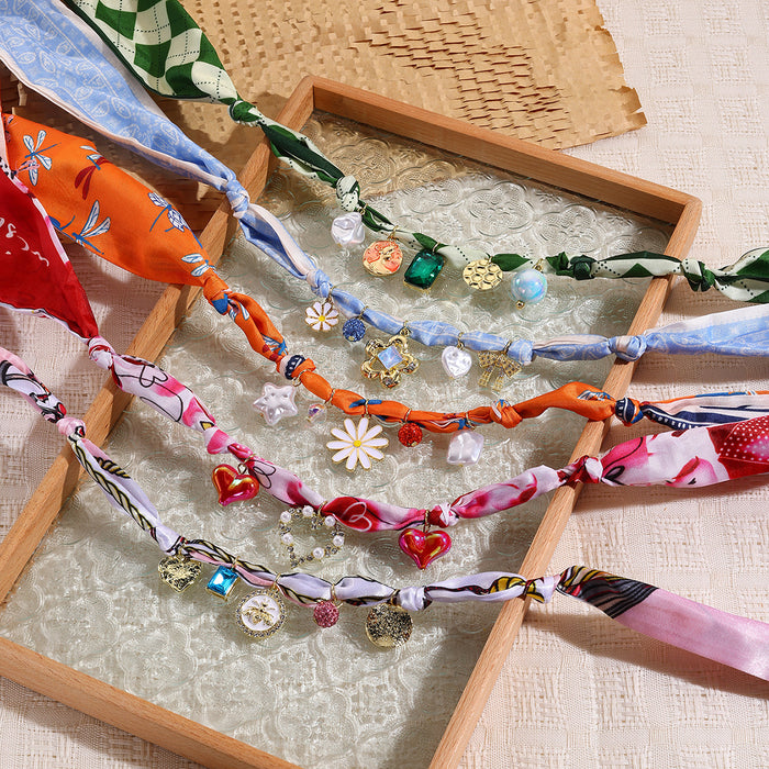 Wholesale Jewelry Summer Silk Scarf Necklace Multi-Pendant Pearl Colorful Silk Scarf Necklace