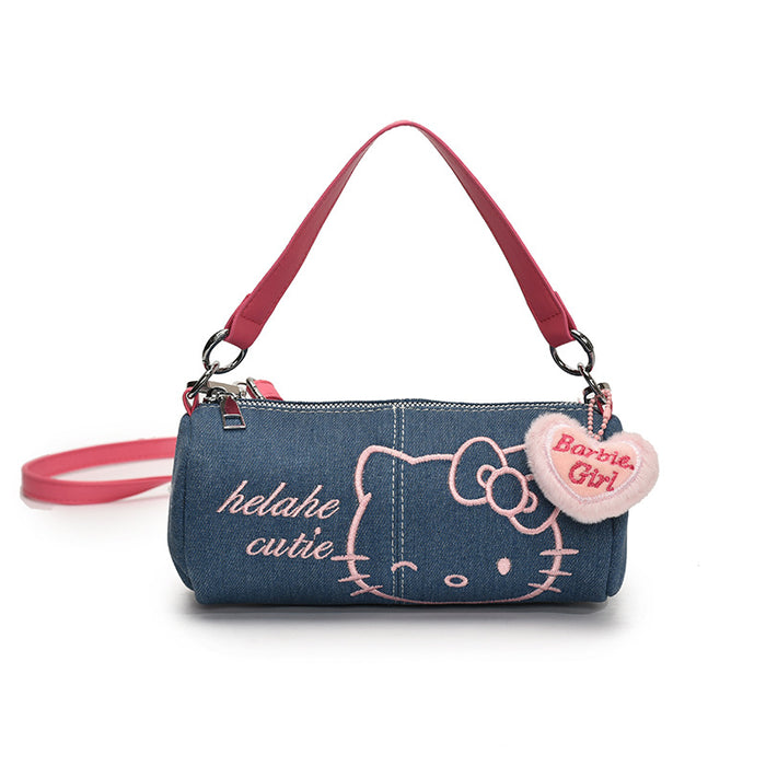 Wholesale Denim Canvas Embroidered Bag  Cute Mobile Phone Bag Crossbody Cylinder Bag