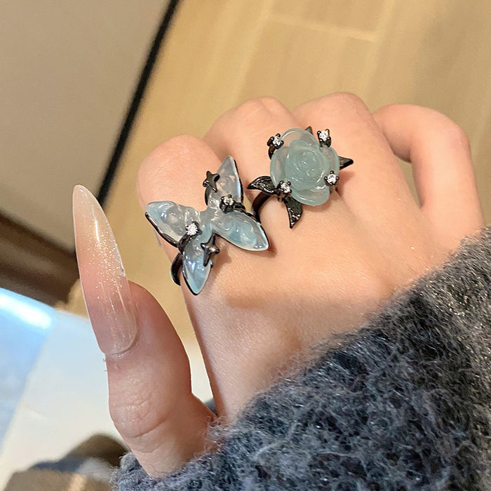 Wholesale Minimalist ice transparent blue rose ring with niche design, prickly butterfly, light luxury and personalized opening