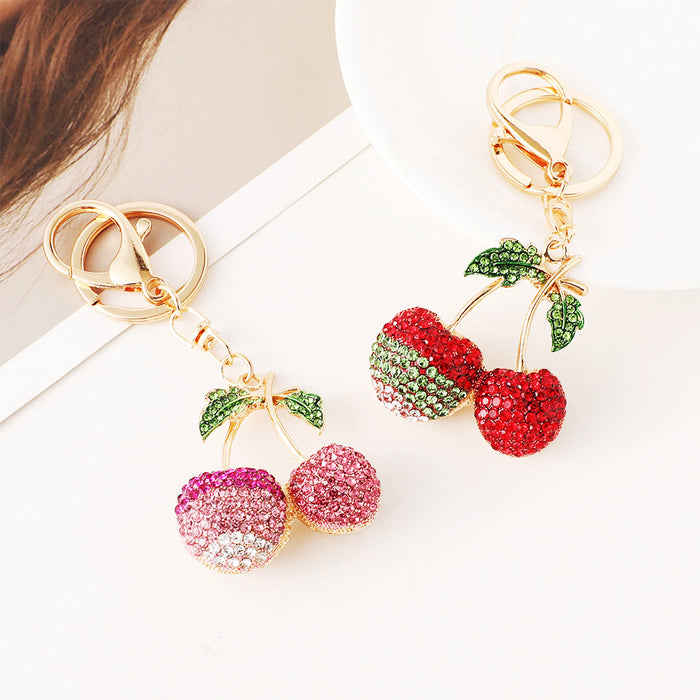 Wholesale Diamond-Encrusted Cherry Keychain Bag Pendant Alloy Fruit Keychain