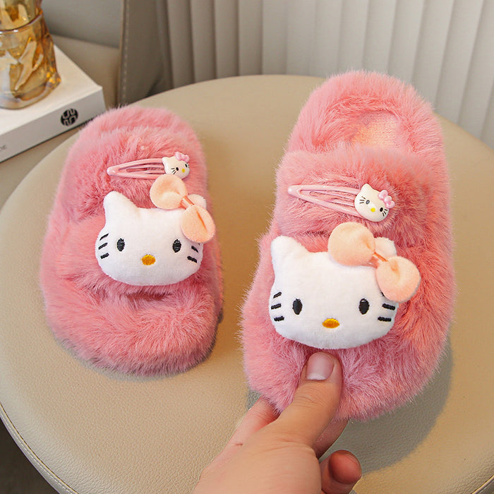 Wholesale Plush cat hairpin soft sole non-slip wear-resistant indoor furry slippers
