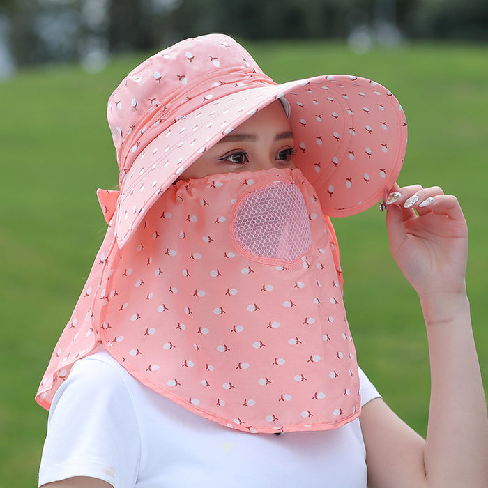Wholesale Cherry print tea-picking hat, sun hat, sun protection face-covering summer hat