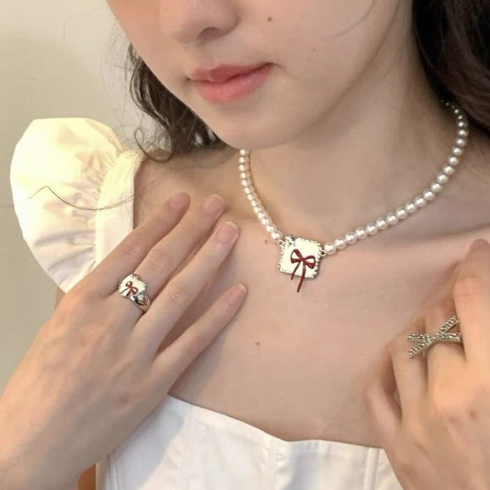 Wholesale Gentle temperament, cute red style, girlish vibe, bow, love, original design, ring