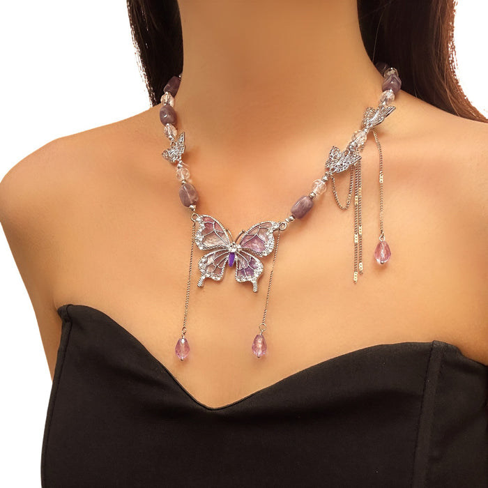 Wholesale Alloy Purple Crystal Butterfly Tassel Necklace Fashion Jewelry Accessory
