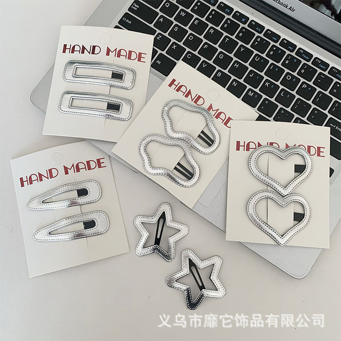 Wholesale Silver leather large pentagram side bangs clip, children's back of the head hair clip, hair accessory