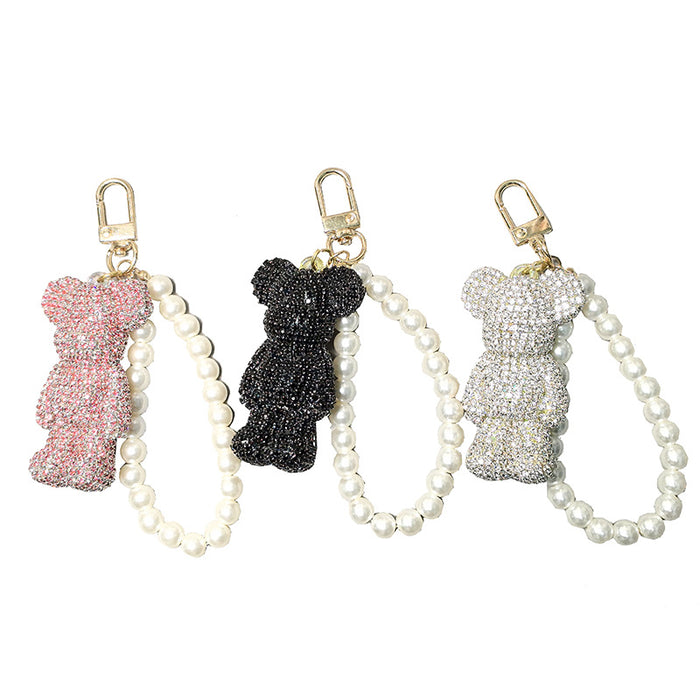 Wholesale Pearl Lanyard Mini Edition Diamond-encrusted Violence Bear Car Keychain Pendant Doll Pendant Accessories Bear Lanyard Women