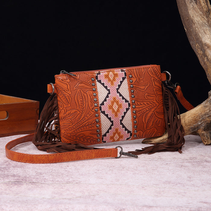 Wholesale Vintage Cotton and Linen Print Western Bohemian Leather Carving Hand Wallet Crossbody Women' s Bag