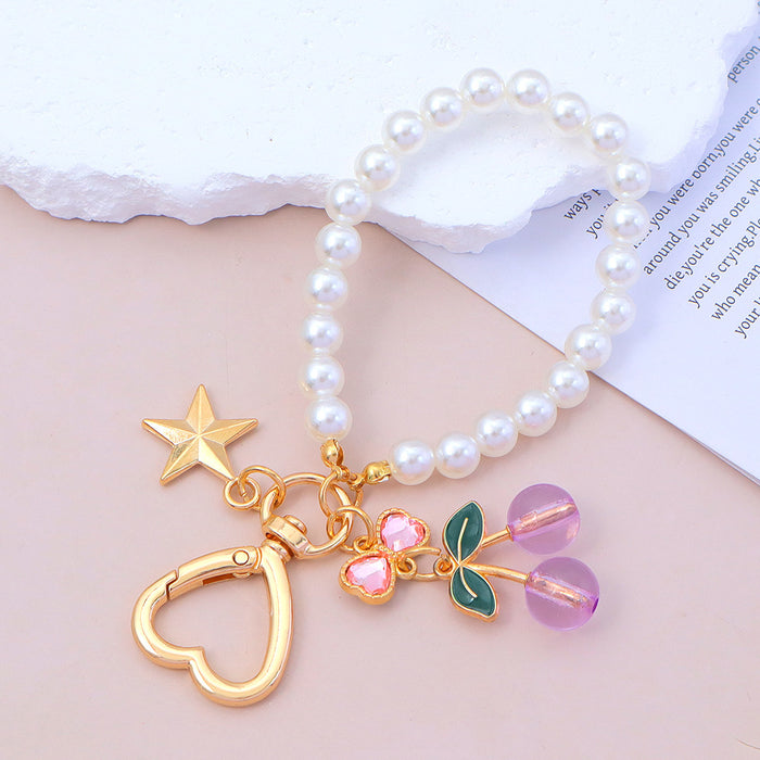 Wholesale Advanced Water Diamond Bow Cherry Keychain Pearl Chain Bag Pendant Car Hanging Accessories Versatile Accessories