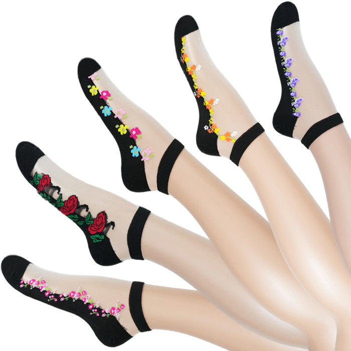 Wholesale mid-calf Crystal stockings spring and summer thin embroidered glass Silk women' s socks middle-aged and elderly non-slip socks