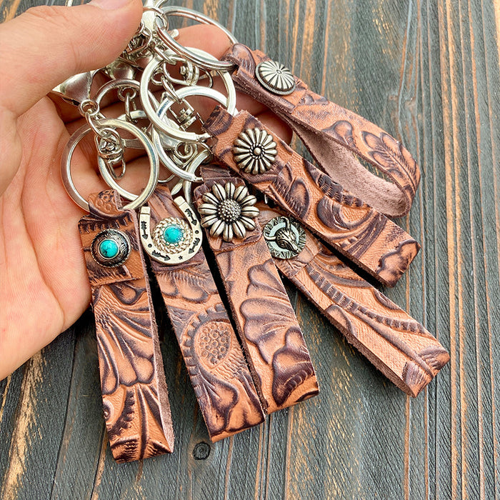 Wholesale Retro leather keychain turquoise cowhide pendant