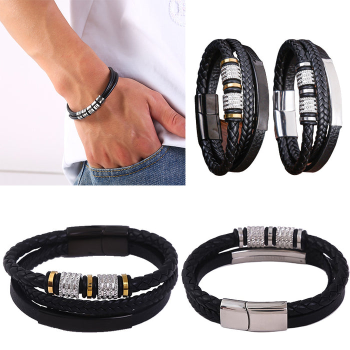 Wholesale Stainless steel men's bracelet, creatively woven leather bracelet, personalized and fashionable magnetic bracelet