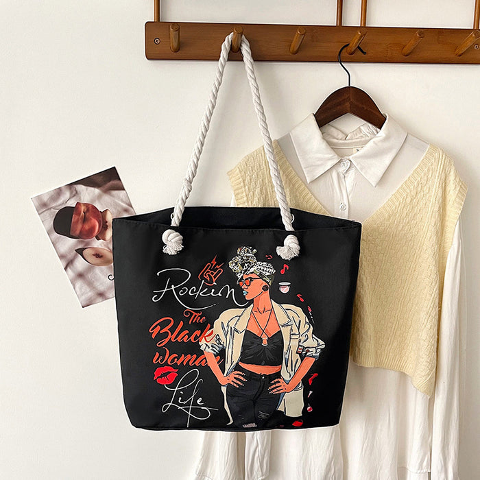 Wholesale Outdoor practical versatile retro canvas bag cartoon print portable beach bag large capacity