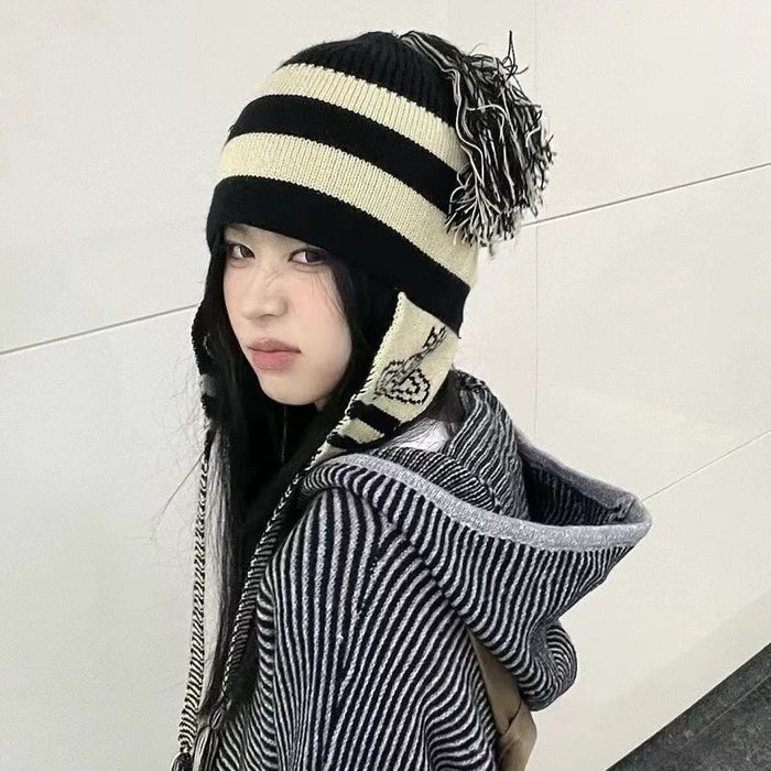 Wholesale Comic Saturn Hat Women's Tassel Show Face Small Ear Protection Knitted Wool Hat Autumn and Winter