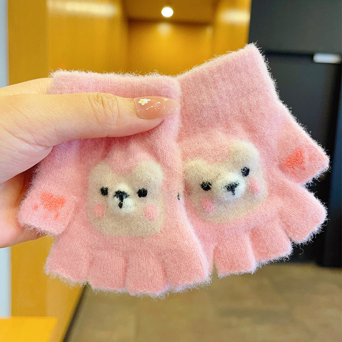Wholesale Children' s Gloves Autumn and Winter Warm Cute Cartoon  Girls'  Half-Finger Flip Cover Baby Thickened Warm Five-Finger Set