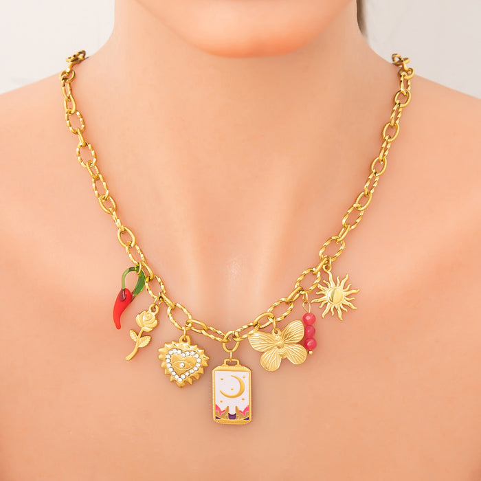 Wholesale Stainless steel necklace moon heart butterfly square brand personality red pepper rose mix clavicle chain