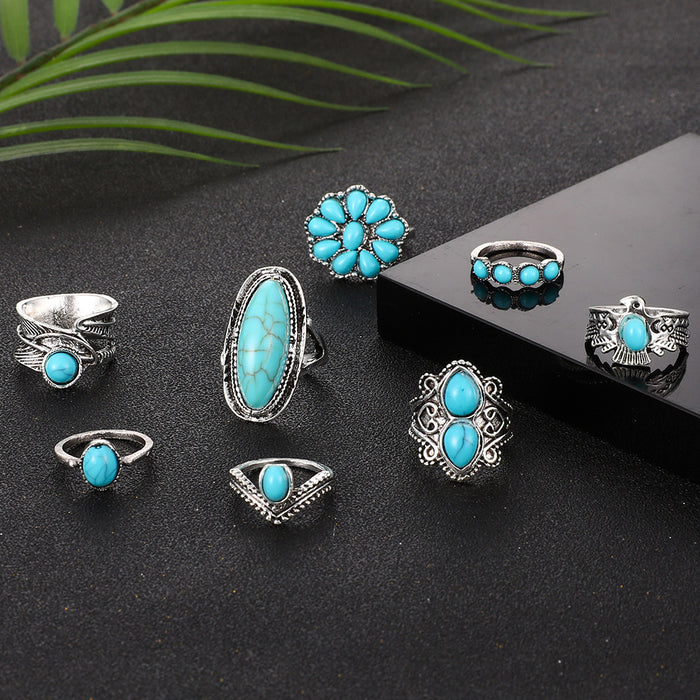 Wholesale 2pcs Bohemian style turquoise 8 suit ring set