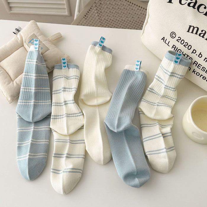 Wholesale Striped mid tube socks with heart-shaped fabric label, double needle long tube stacked socks