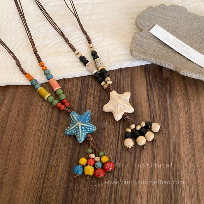 Wholesale Colorful ceramic bead star necklace, long sweater chain accessory