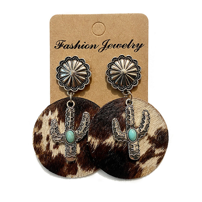 Wholesale Western retro leather earrings Bohemian horse hair leather earrings cactus