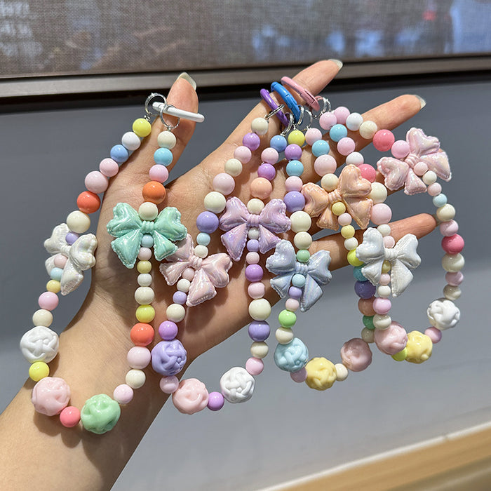 Wholesale Colorful handmade bead key chain exquisite acrylic bow mobile phone chain pendant