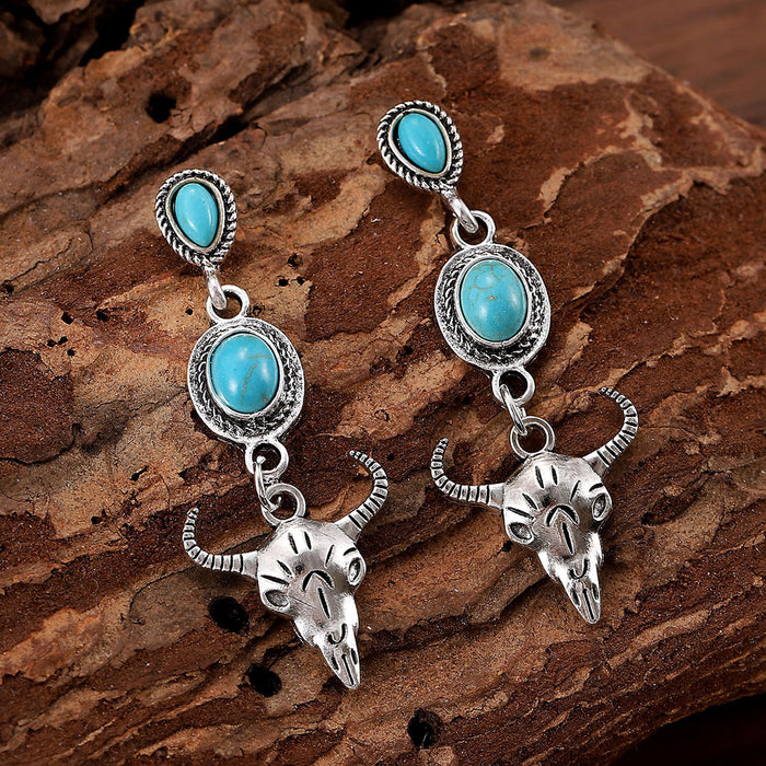 Wholesale Western cowboy retro oval metal earrings creative inlaid turquoise bull head pendant earrings