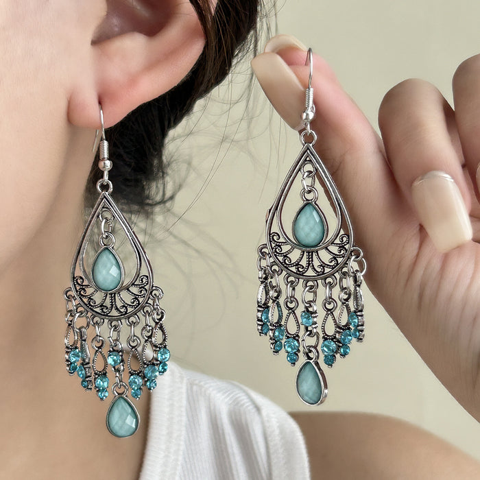 Wholesale Retro Bohemian Long Tassel Drop Earrings Heavy Industry Creative Ethnic Style Diamond-Encrusted High-End Earrings