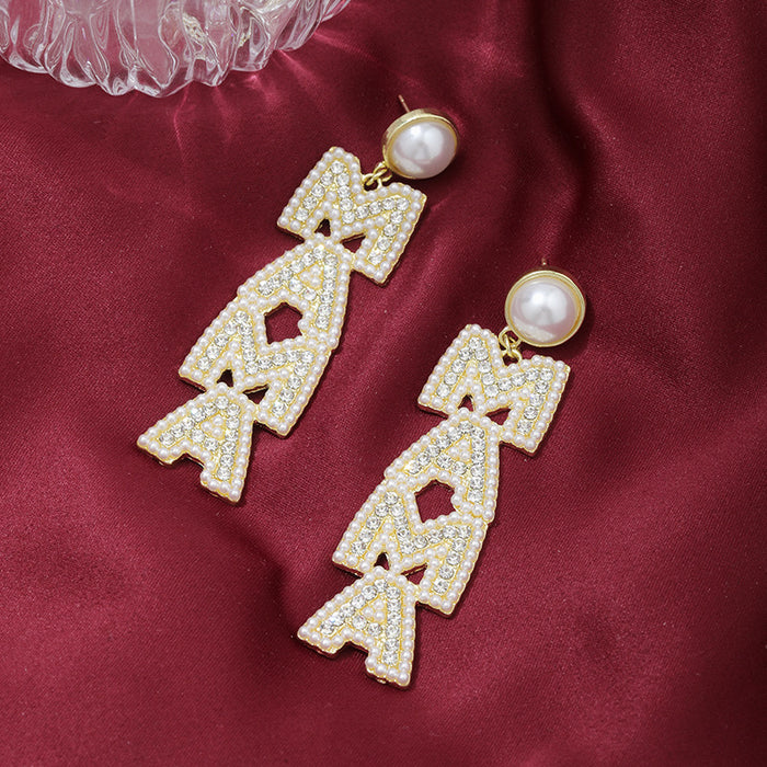 Wholesale Creative letter alloy jewelry with diamond inlaid pearl earrings, light luxury fashion long earrings