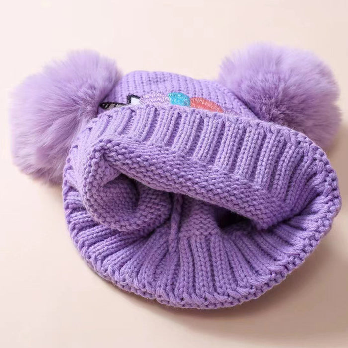 Wholesale Children' s Knit Hat for Autumn and Winter  Embroidered Unicorn and Double Pom-Poms Warm Winter Hat