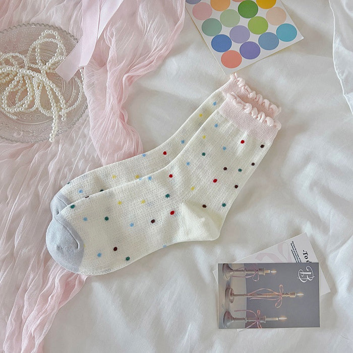Wholesale Polka dot socks with bow tie, polka dot mid tube socks, thin and breathable, college style cotton socks