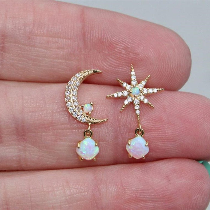 Wholesale Moon Sun Asymmetric Diamond studded Opal Sparkling Alloy Earrings