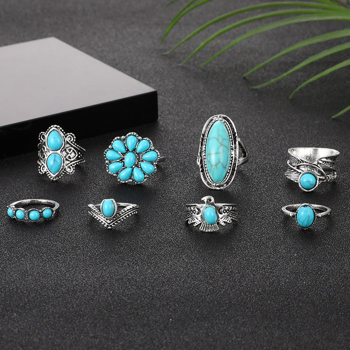 Wholesale 2pcs Bohemian style turquoise 8 suit ring set