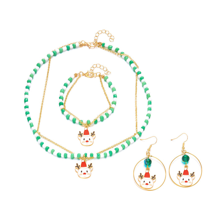 Wholesale Christmas Snowflake Elk Pendant Women' s Retro Color block Rice Bead Christmas Party Necklace Bracelet Set