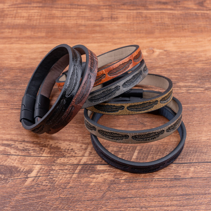 Wholesale Minimalist Feather PU Leather Bracelet Personalized Bracelet Magnetic Buckle Bracelet Jewelry Wholesale