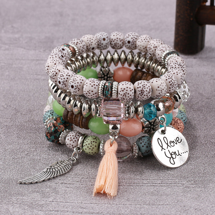 Wholesale Bohemian Multi-layer Bracelet Creative Tassel Bodhi Beaded Wings Love Fashion Bracelet Jewelry JDC-BT-NHong007