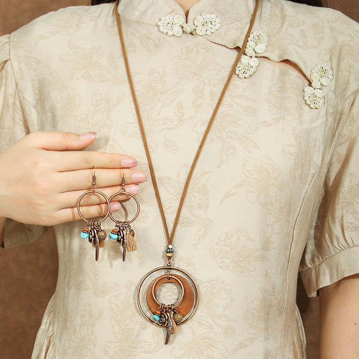 Wholesale Bohemian Dreamcatcher Tassel Earrings and Wooden Pendant Necklace Set