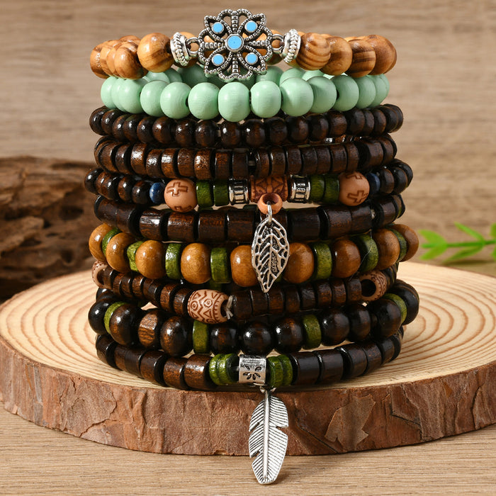 Wholesale Bohemian style nut shell wood beaded elastic thread multi-piece bracelet set