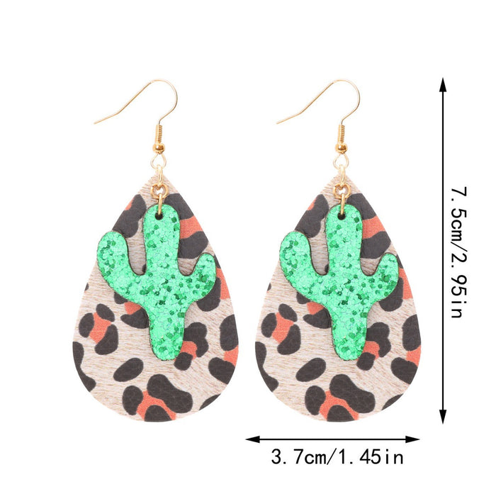 Wholesale Leopard Water Drop Shape Cactus Pendant PU Leather Earrings JDC-ES-YiTian011