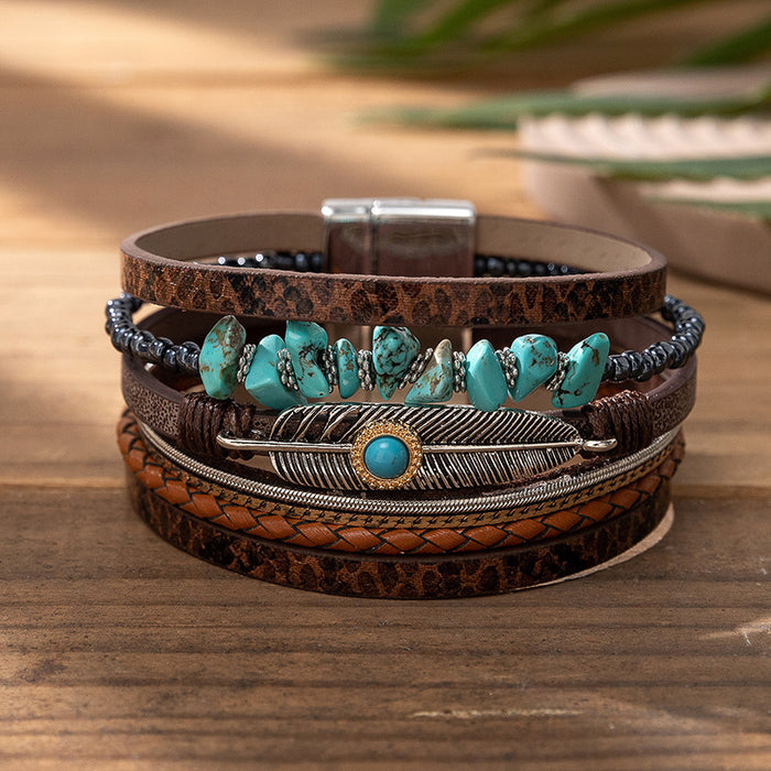 Wholesale Leather Bohemian Turquoise Bracelet with Leopard Print