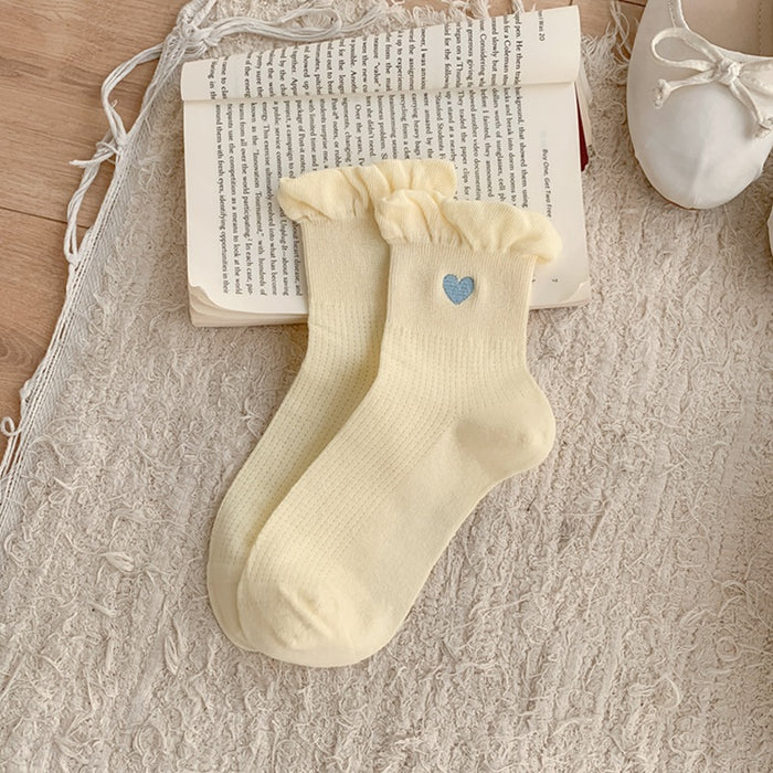 Wholesale Socks with heart-shaped embroidery, thin cotton bubble edge, short tube socks, boneless and breathable