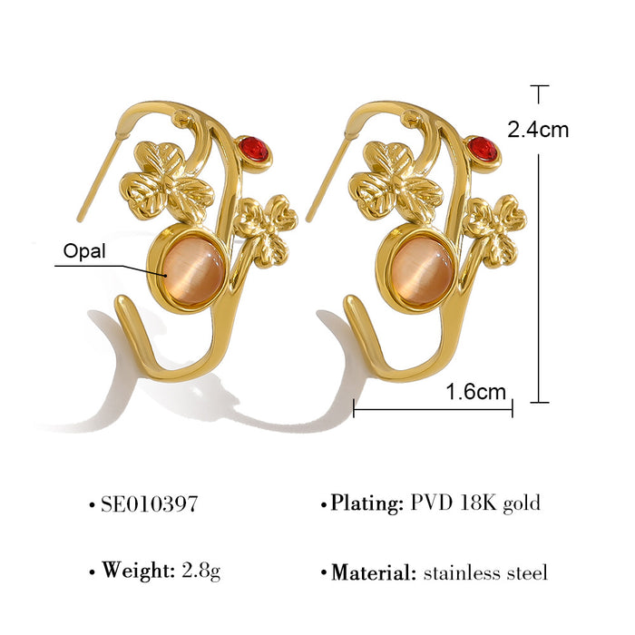 Wholesale Gold titanium steel earrings inlaid with colorful horse eye zircon stainless steel earrings, female hollow leaf C-shaped earrings