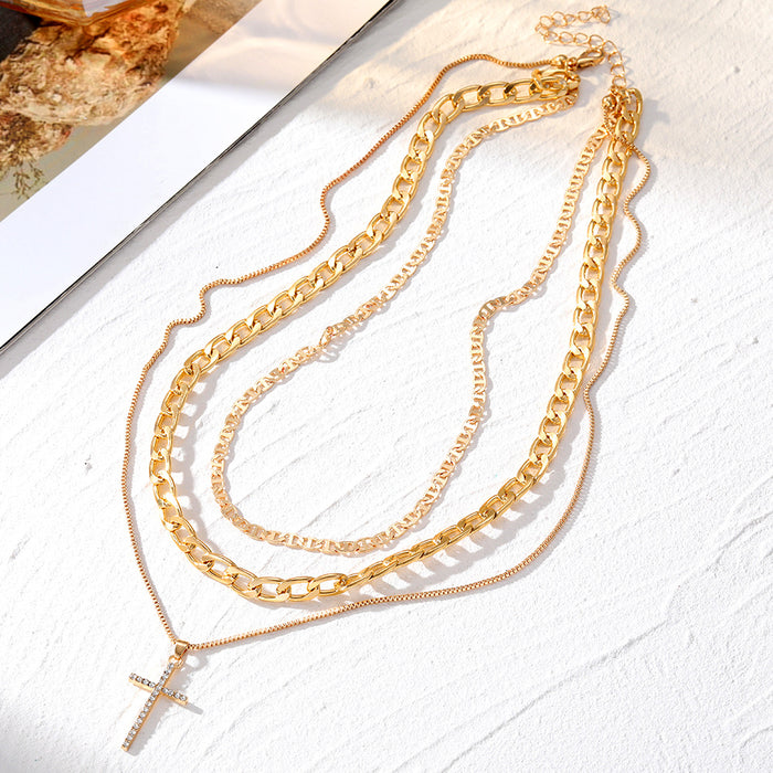 Wholesale Jewelry Cross Chain Necklace Personality Full Diamond Pendant Multi-layer Necklace