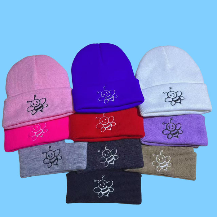 Wholesale Children' s embroidered bee knitted acrylic wool hat cute all-match warm earmuffs