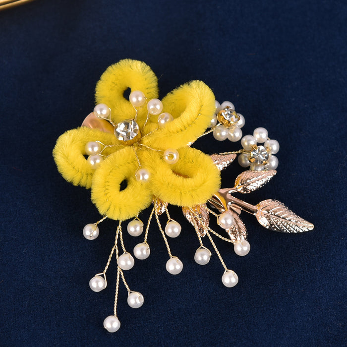 Wholesale Original handmade flower pearl leaf hair clip, multi-color plush duckbill clip
