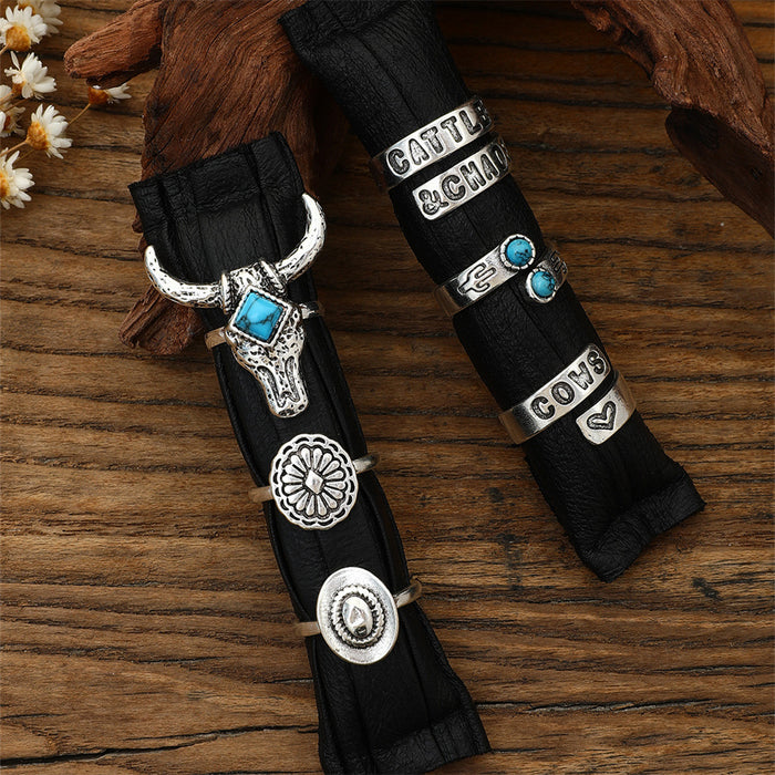 Wholesale bracelet Western Denim style retro turquoise cow head cactus multi-element fashion ring set