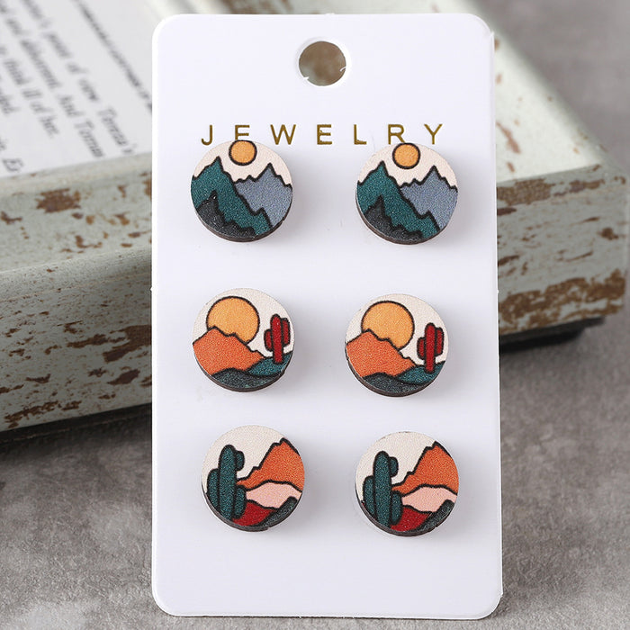 Wholesale Bohemian Abstract Sun Mountains Rivers Simple Scenery Earrings Set Wooden Earrings Gift