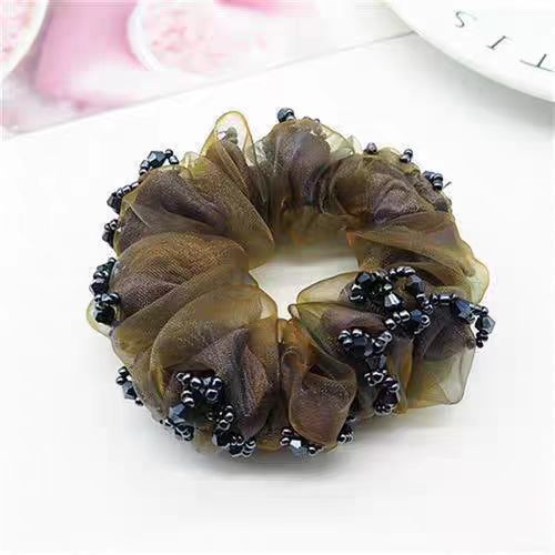 Wholesale Silk Yarn Hair Ring Ball Head Rope Women's Simple Crystal Handmade Hair Accessories Rubber Band Organza Large Intestine Hair Ring