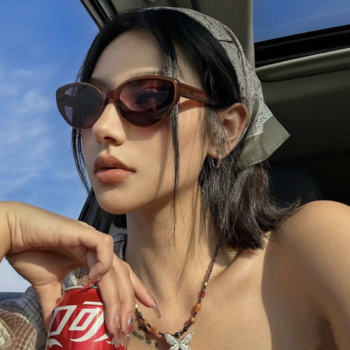 Wholesale Retro tea brown oval sunglasses for women, high-end sense, square round face sunglasses, polarized