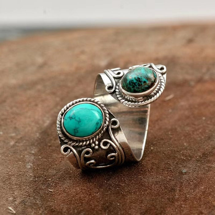 Wholesale New retro turquoise ring with exaggerated personality, flower ring, fashionable and versatile opening ring