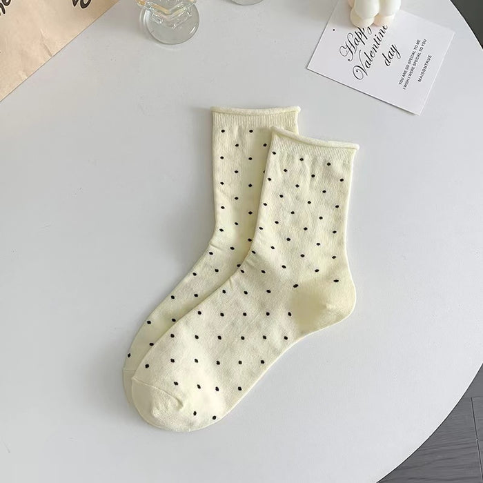 Wholesale Curled edge polka dot socks, mid tube socks, anti odor and sweat absorbing, summer thin style, spring and autumn breathable pile socks